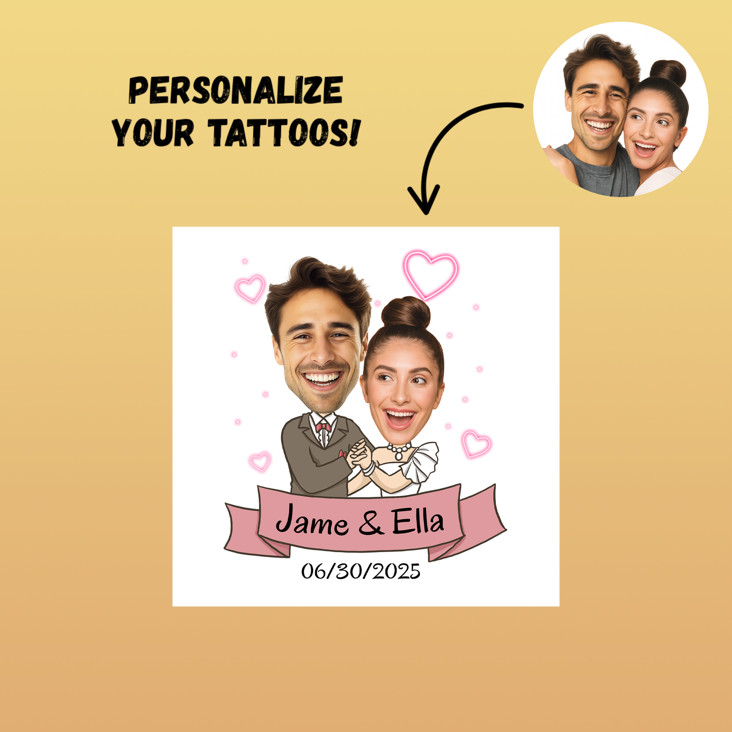 Wedding Custom Groom Bride Face Temporary Tattoo