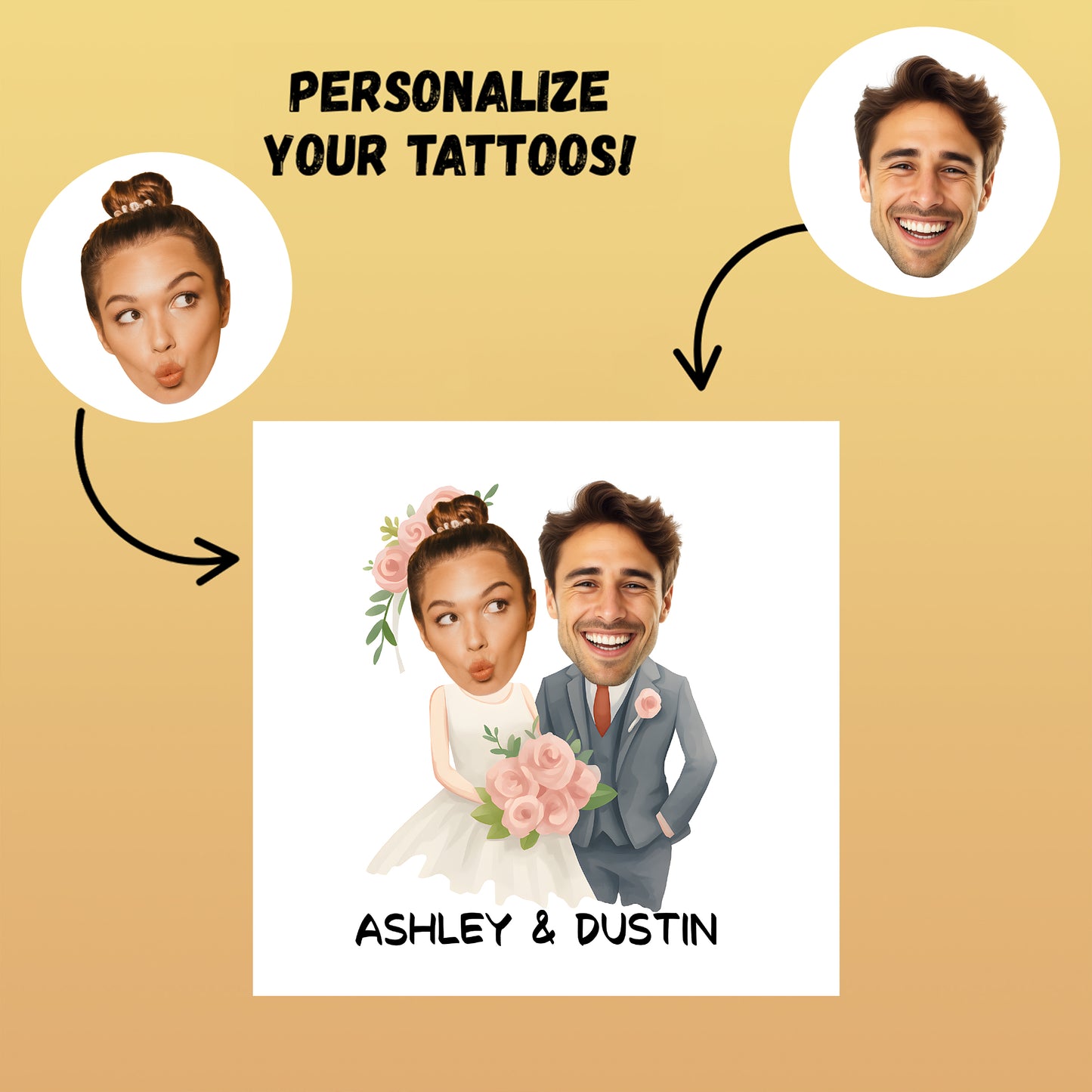 Wedding Custom Groom Bride Face Temporary Tattoo