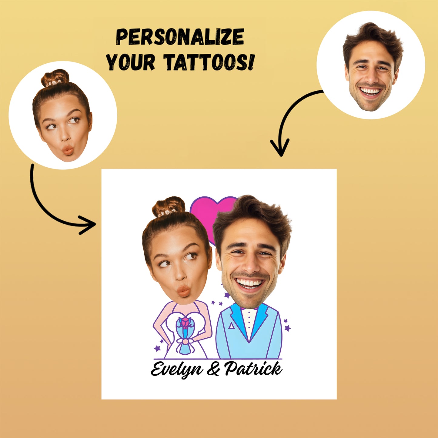 Wedding Custom Groom Bride Face Temporary Tattoo