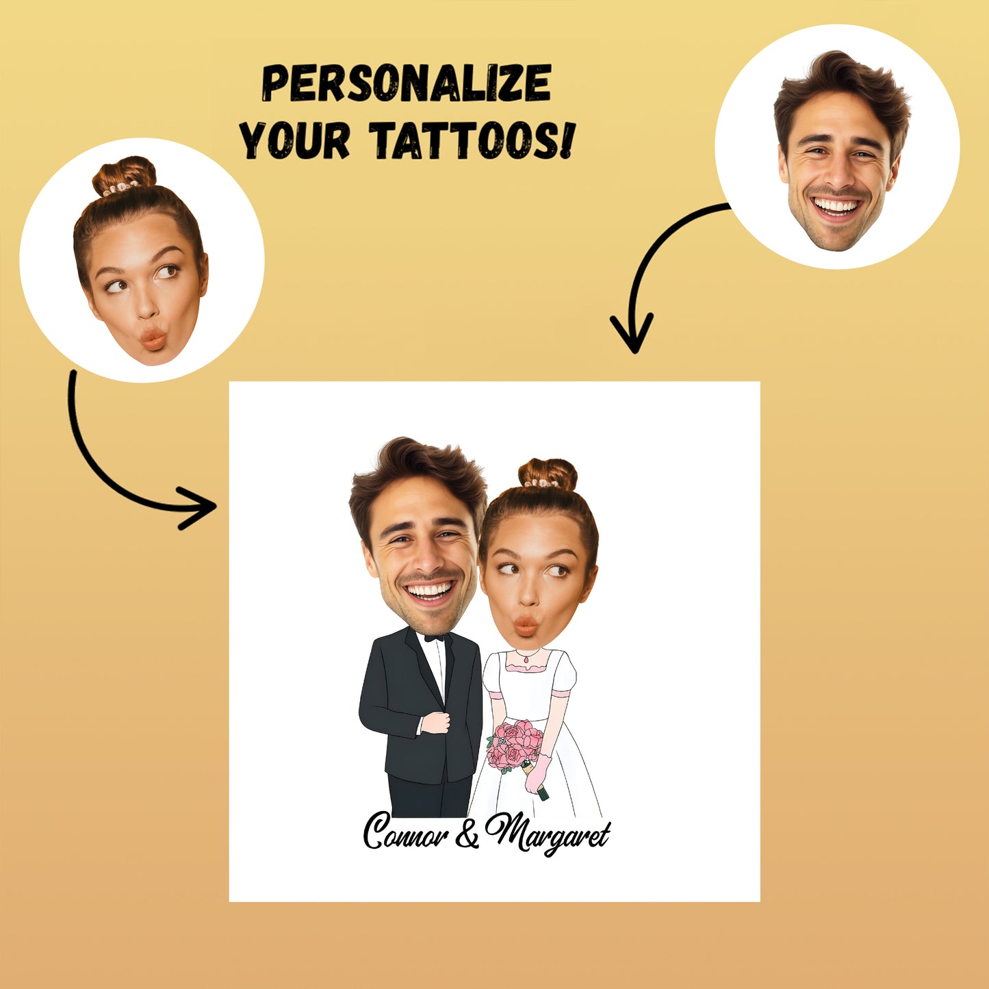 Wedding Custom Groom Bride Face Temporary Tattoo
