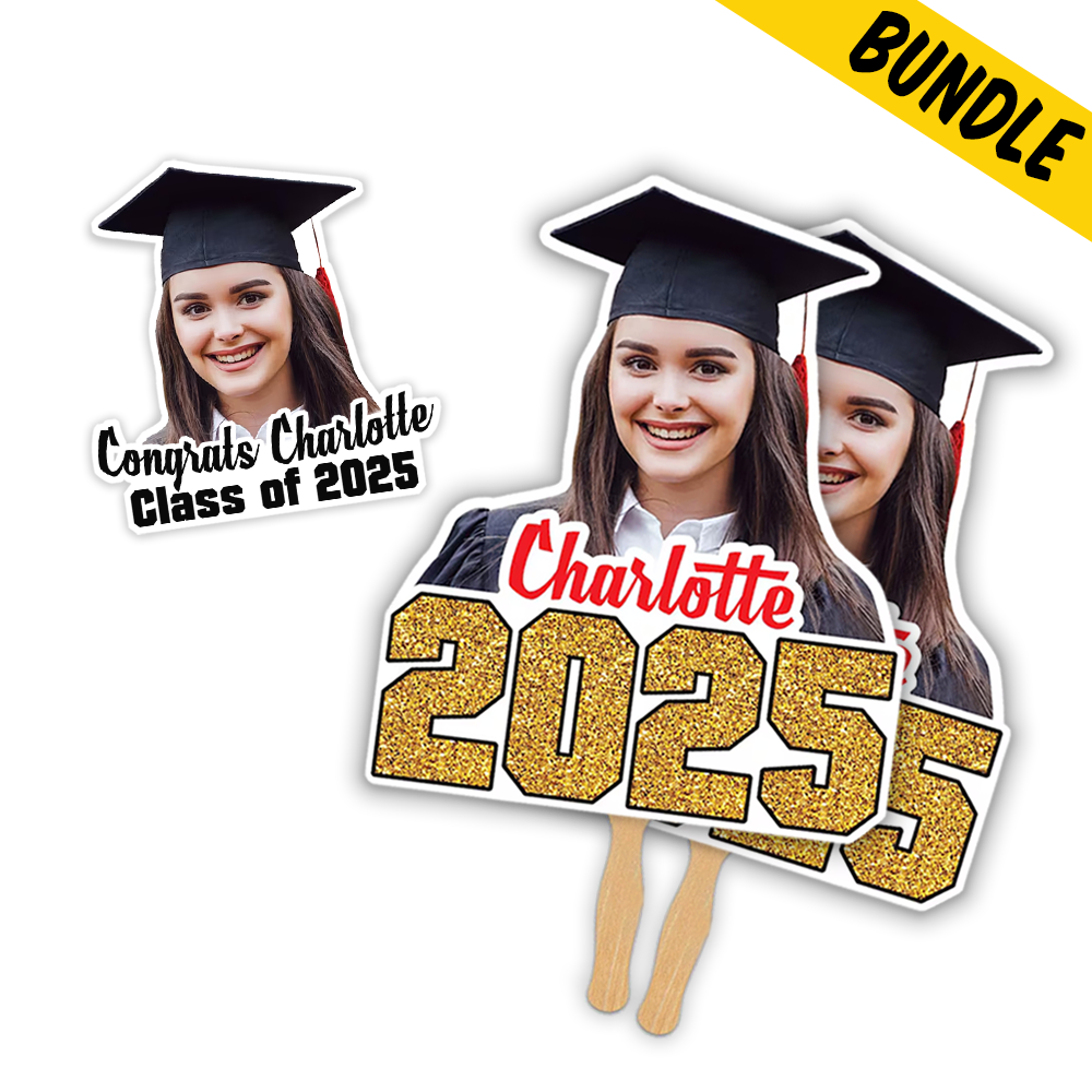 Graduation Congrats Class Personalized Temporary Tattoos & 2 Hand Fans Combo Bundle