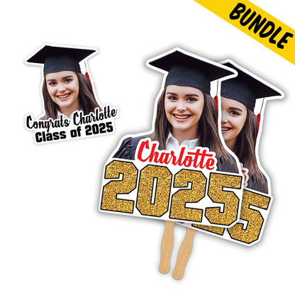 Graduation Congrats Class Personalized Temporary Tattoos & 2 Hand Fans Combo Bundle