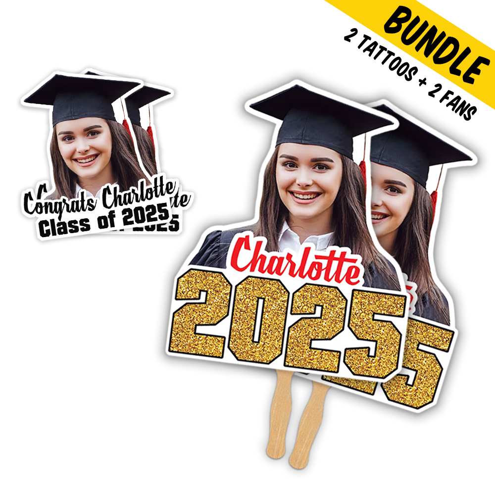 Graduation Congrats Class Personalized Temporary Tattoos & 2 Hand Fans Combo Bundle