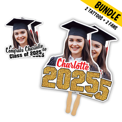 Graduation Congrats Class Personalized Temporary Tattoos & 2 Hand Fans Combo Bundle