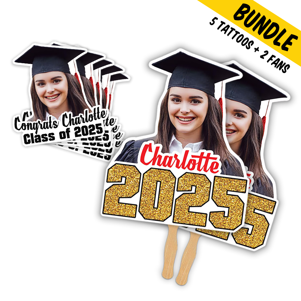 Graduation Congrats Class Personalized Temporary Tattoos & 2 Hand Fans Combo Bundle