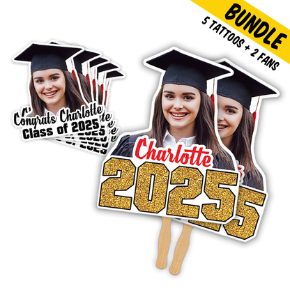 Graduation Congrats Class Personalized Temporary Tattoos & 2 Hand Fans Combo Bundle